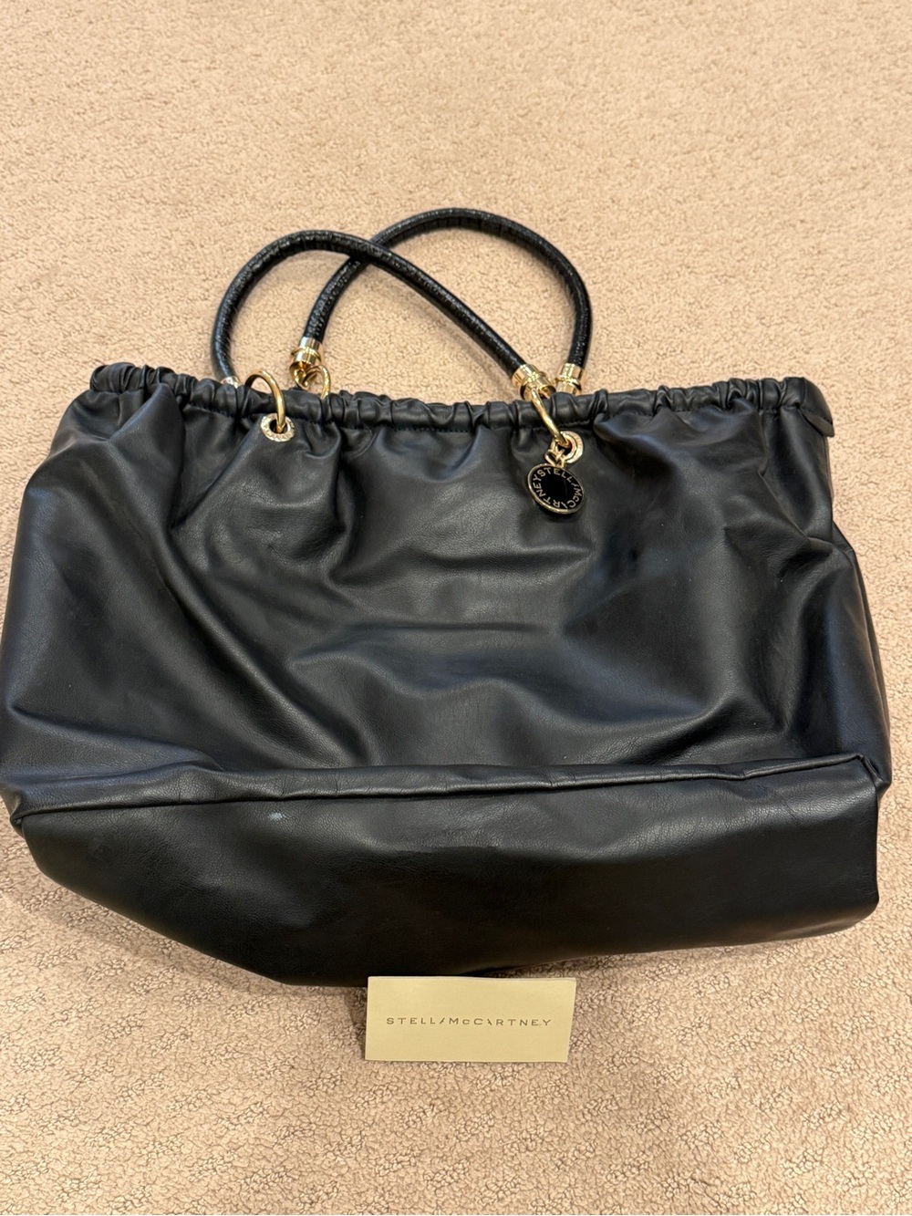 Stella McCartney Black Gathered Drawstring Tote with Gold Hardware